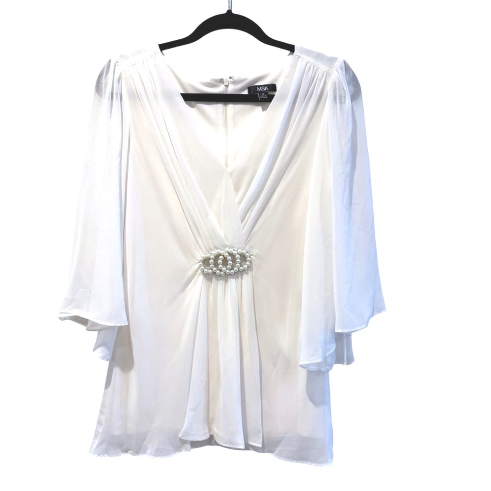 MSK Blouse Ivory Elegant Pearl Embellished Chiffon Flutter Sleeve‎ Women M